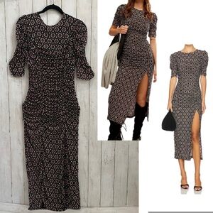Free People Briella Printed Ruched Midi Dress Women's XS Black Combo Button Back